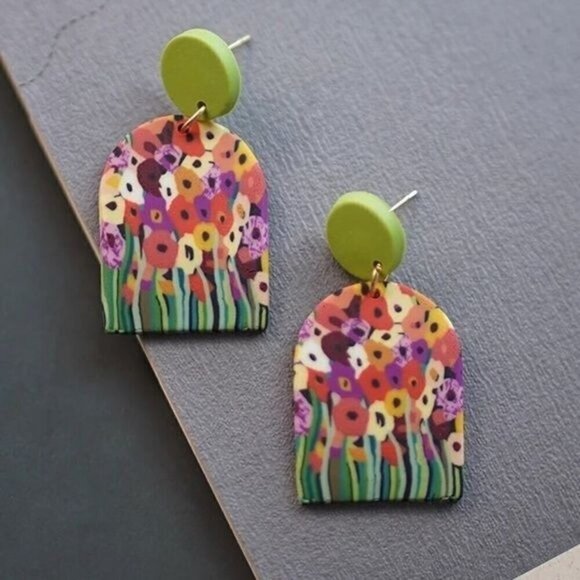 Geometric polymer clay earrings garden flowers statement earrings mothers day - Picture 2 of 4